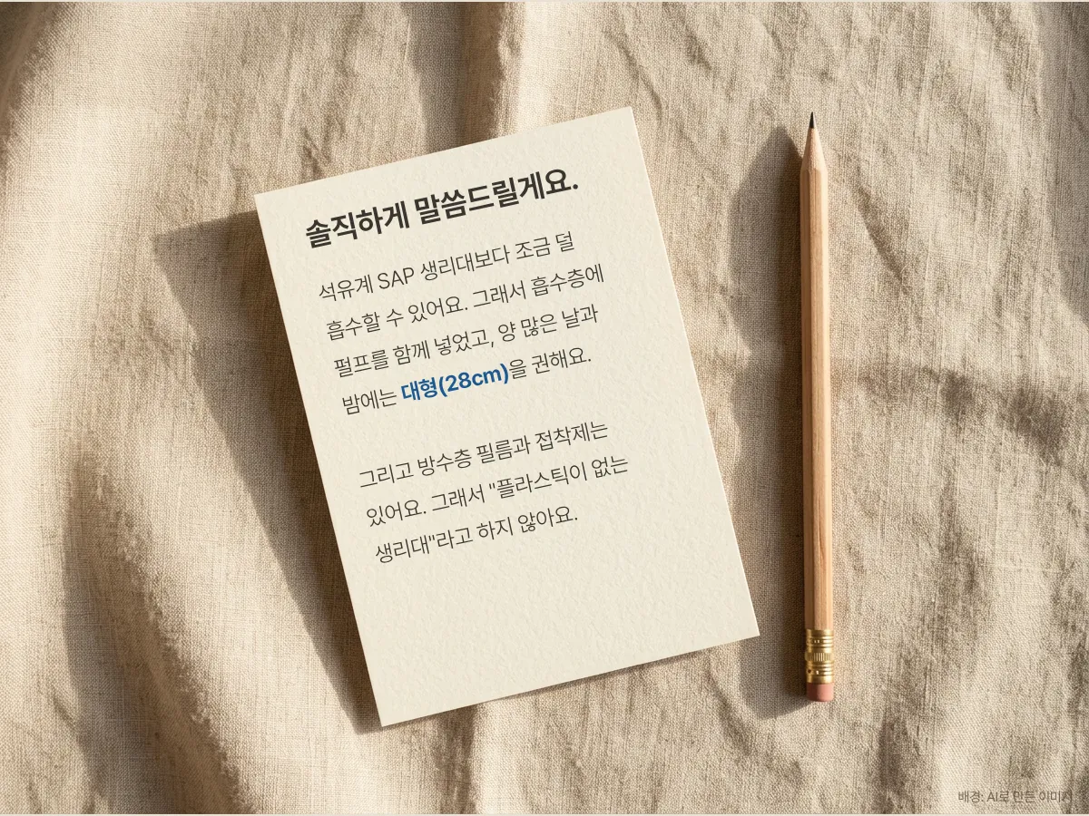 솔직하게 말씀드릴게요. 석유계 SAP 생리대보다 조금 덜 흡수할 수 있고, 방수층 필름과 접착제는 있어요