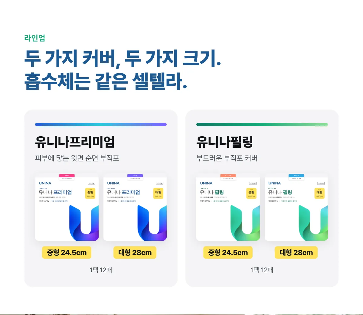 두 가지 커버, 두 가지 크기. 흡수체는 같은 셀텔라